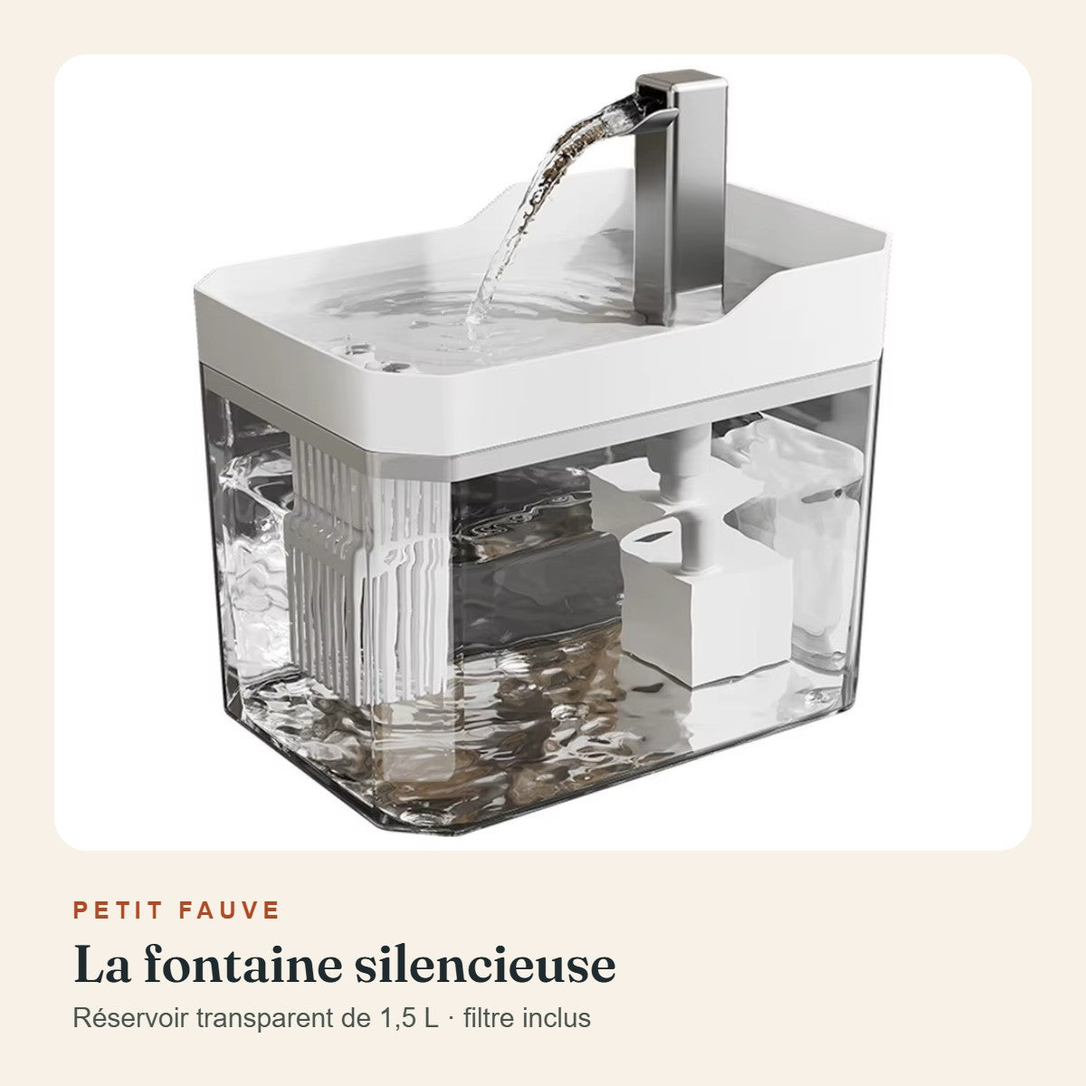 Fontaine à eau silencieuse pour chat 1,5 L, Petit Fauve