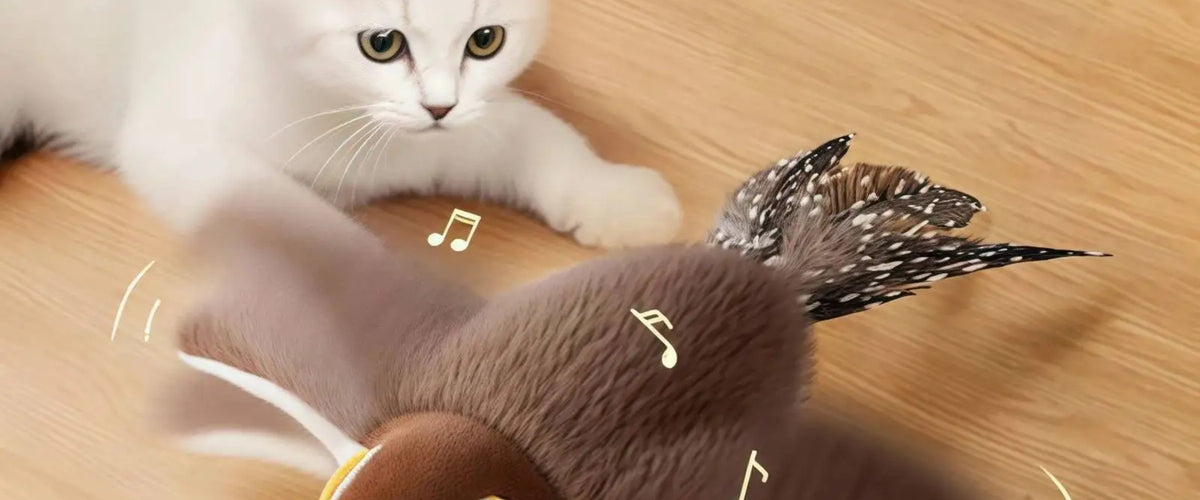 Un chat joue avec l'oiseau interactif Petit Fauve